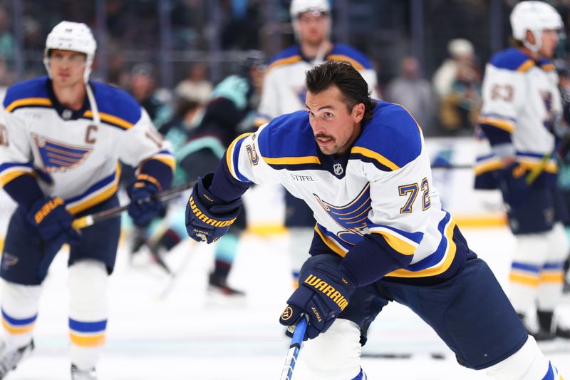 Oct 8, 2024; Seattle, Washington, USA; St. Louis Blues defenseman Justin Faulk (72) skates on the ice during warm ups before the game against the Seattle Kraken at Climate Pledge Arena. Mandatory Credit: Caean Couto-Imagn Images