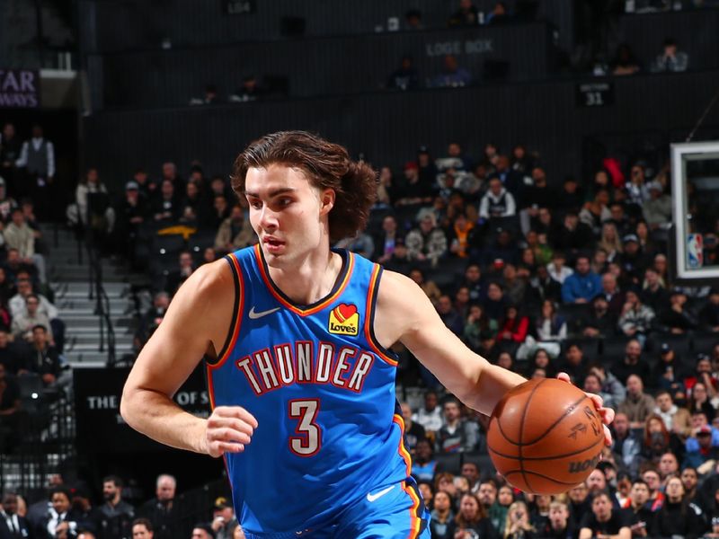 BROOKLYN, NY - JANUARY 5: Josh Giddey #3 of the Oklahoma City Thunder goes to the basket during the game on January 5, 2024 at Barclays Center in Brooklyn, New York. NOTE TO USER: User expressly acknowledges and agrees that, by downloading and or using this Photograph, user is consenting to the terms and conditions of the Getty Images License Agreement. Mandatory Copyright Notice: Copyright 2024 NBAE (Photo by David L. Nemec/NBAE via Getty Images)