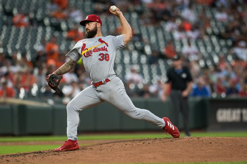 Sep 13, 2023; Baltimore, Maryland, USA;  St. Louis Cardinals starting pitcher Drew Rom (38) throws a second inning pitch against the Baltimore Orioles at Oriole Park at Camden Yards. Mandatory Credit: Tommy Gilligan-USA TODAY Sports