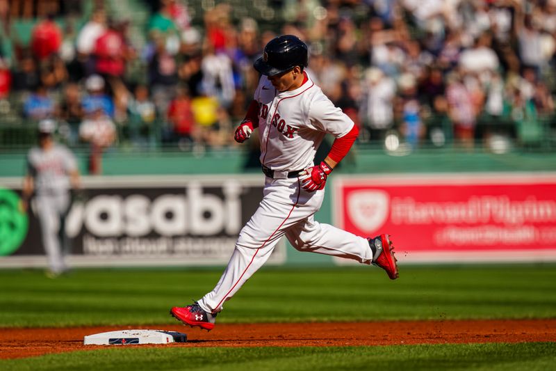 Sep 28, 2025; Boston, Massachusetts, USA; Boston Red Sox designated hitter Masataka Yoshida (7) hits a home run against the Detroit Tigers in the first inning at Fenway Park. Mandatory Credit: David Butler II-Imagn Images