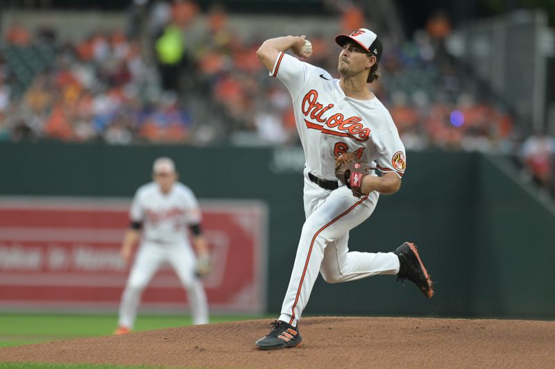 Aug 23, 2023; Baltimore, Maryland, USA;  Baltimore Orioles starting pitcher Dean Kremer (64) delivers a first inning pitch against the Toronto Blue Jays at Oriole Park at Camden Yards. Mandatory Credit: Tommy Gilligan-USA TODAY Sports