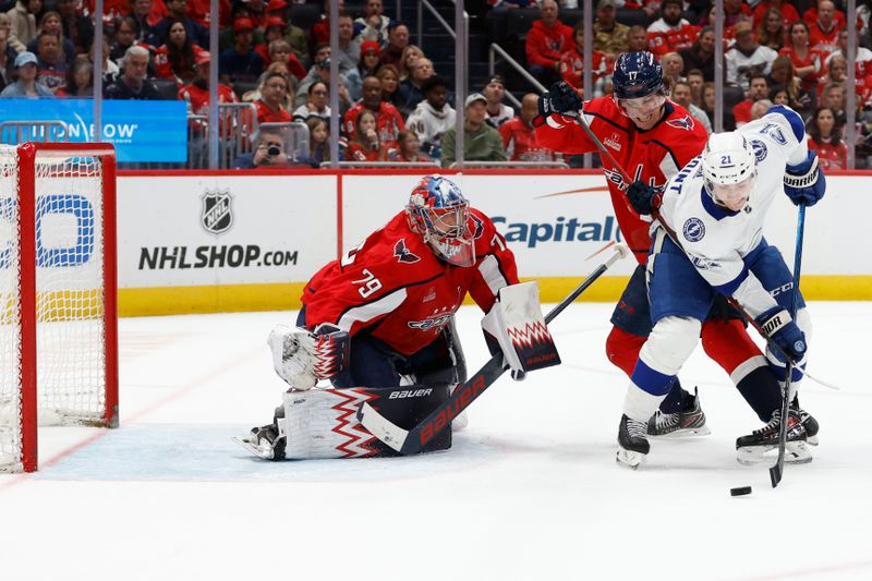 Apr 13, 2024; Washington, District of Columbia, USA; Washington Capitals goaltender Charlie Lindgren (79) prepares to make a save on Tampa Bay Lightning center Brayden Point (21) as Capitals center Dylan Strome (17) defends in the second period at Capital One Arena. Mandatory Credit: Geoff Burke-USA TODAY Sports