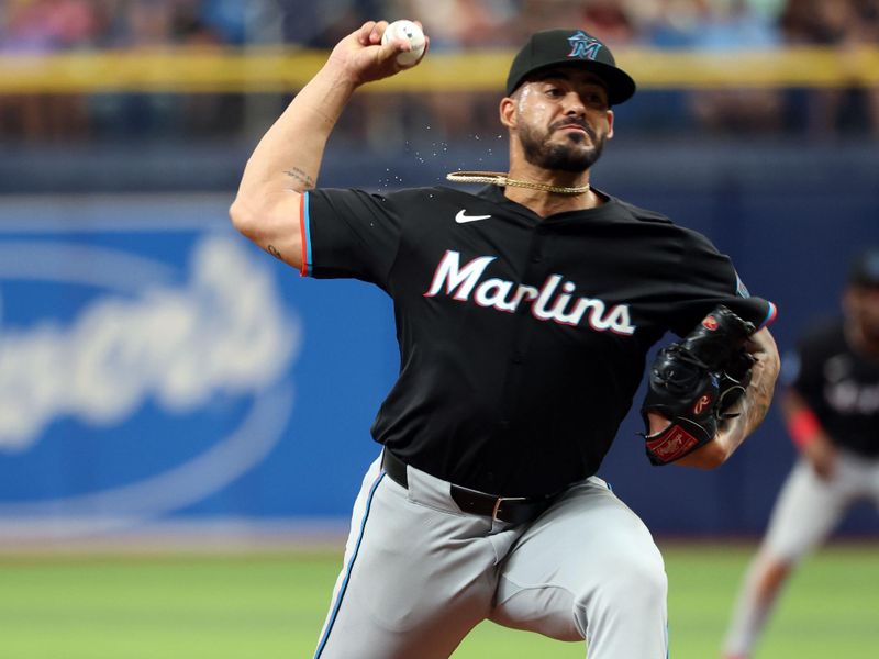Jul 31, 2024; St. Petersburg, Florida, USA;  Miami Marlins pitcher Jesus Tinoco (92) throws against the Tampa Bay Rays during the seventh inning at Tropicana Field. Mandatory Credit: Kim Klement Neitzel-USA TODAY Sports