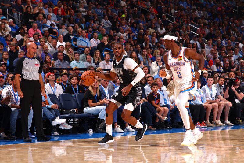 OKLAHOMA CITY, OK - OCTOBER 30: Chris Paul #3 of the San Antonio Spurs looks on during the game against the Oklahoma City Thunder on October 30, 2024 at Paycom Arena in Oklahoma City, Oklahoma. NOTE TO USER: User expressly acknowledges and agrees that, by downloading and or using this photograph, User is consenting to the terms and conditions of the Getty Images License Agreement. Mandatory Copyright Notice: Copyright 2024 NBAE (Photo by Zach Beeker/NBAE via Getty Images)