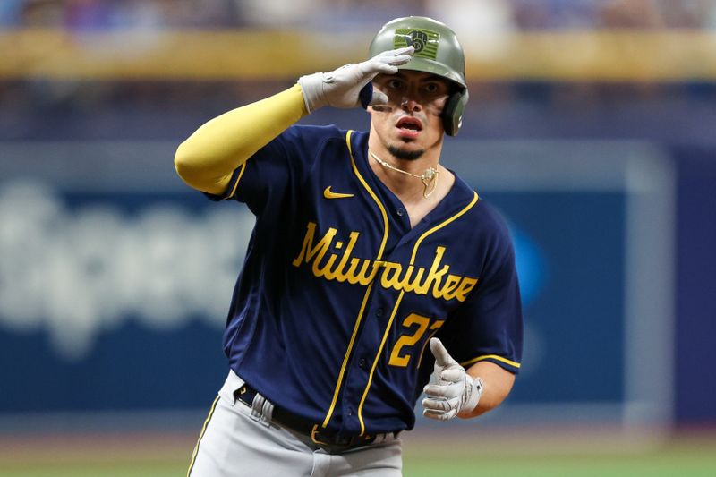 May 21, 2023; St. Petersburg, Florida, USA;  Milwaukee Brewers shortstop Willy Adames (27) celebrates after hitting a home run against the Tampa Bay Rays in the second inning at Tropicana Field. Mandatory Credit: Nathan Ray Seebeck-USA TODAY Sports