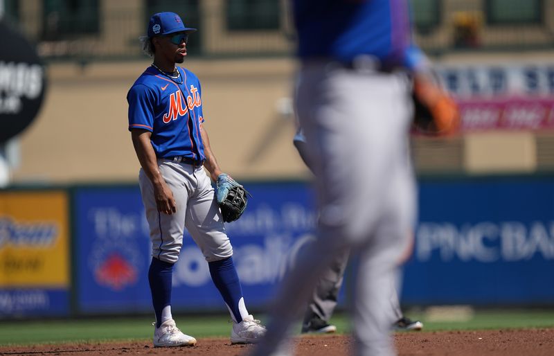 Mar 1, 2023; Jupiter, Florida, USA; New York Mets shortstop Francisco Lindor (12) looks on during the game against the Miami Marlins at Roger Dean Stadium. Mandatory Credit: Jim Rassol-USA TODAY Sports