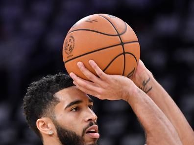 LOS ANGELES, CA - DECEMBER 25:  Jayson Tatum #0 of the Boston Celtics shoots the ball before the game on December 25, 2023 at Crypto.Com Arena in Los Angeles, California. NOTE TO USER: User expressly acknowledges and agrees that, by downloading and/or using this Photograph, user is consenting to the terms and conditions of the Getty Images License Agreement. Mandatory Copyright Notice: Copyright 2023 NBAE (Photo by Juan Ocampo/NBAE via Getty Images)