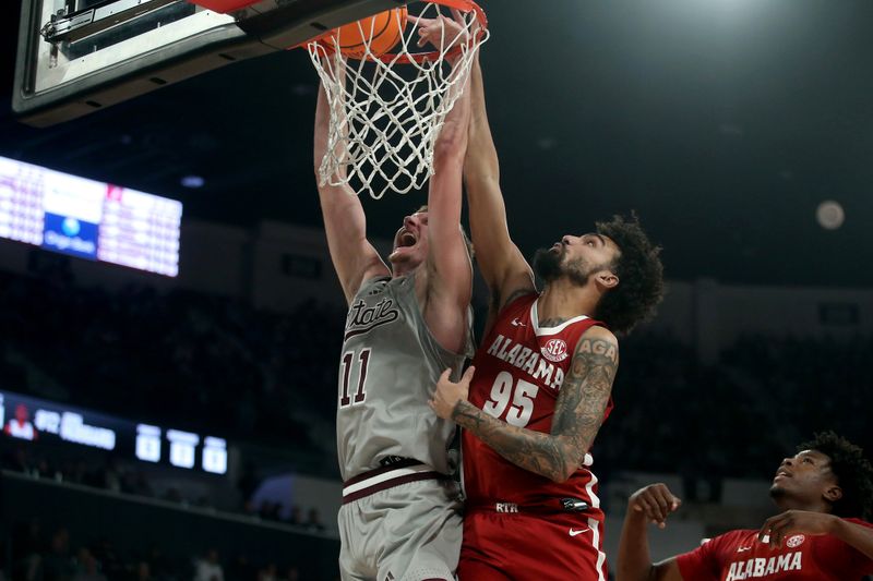 Jan 13, 2026; Starkville, Mississippi, USA; Mississippi State Bulldogs forward Sergej Macura (11) drives to the basket as Alabama Crimson Tide guard Houston Mallette (95) defends during the first half at Humphrey Coliseum. Mandatory Credit: Petre Thomas-Imagn Images