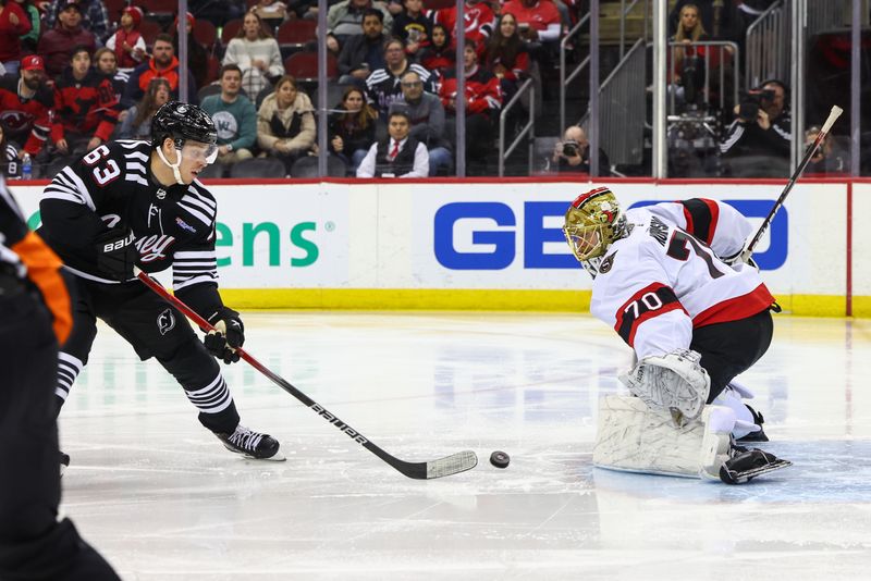 Mar 23, 2024; Newark, New Jersey, USA; New Jersey Devils left wing Jesper Bratt (63) scores a goal against the Ottawa Senators during the second period at Prudential Center. Mandatory Credit: Ed Mulholland-USA TODAY Sports