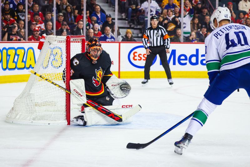 Dec 2, 2023; Calgary, Alberta, CAN; Calgary Flames goaltender Jacob Markstrom (25) guards his net against Vancouver Canucks center Elias Pettersson (40) during the first period at Scotiabank Saddledome. Mandatory Credit: Sergei Belski-USA TODAY Sports