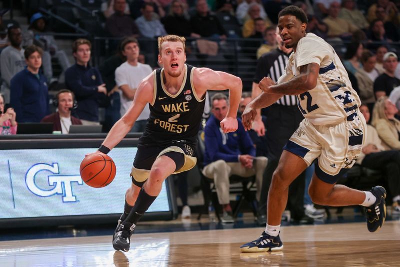 Feb 6, 2024; Atlanta, Georgia, USA; Wake Forest Demon Deacons guard Cameron Hildreth (2) drives to the basket against the Georgia Tech Yellow Jackets in the first half at McCamish Pavilion. Mandatory Credit: Brett Davis-USA TODAY Sports