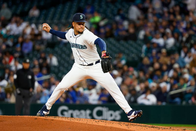 Apr 2, 2024; Seattle, Washington, USA; Seattle Mariners starting pitcher Luis Castillo (58) throws against the Cleveland Guardians during the third inning at T-Mobile Park. Mandatory Credit: Joe Nicholson-USA TODAY Sports