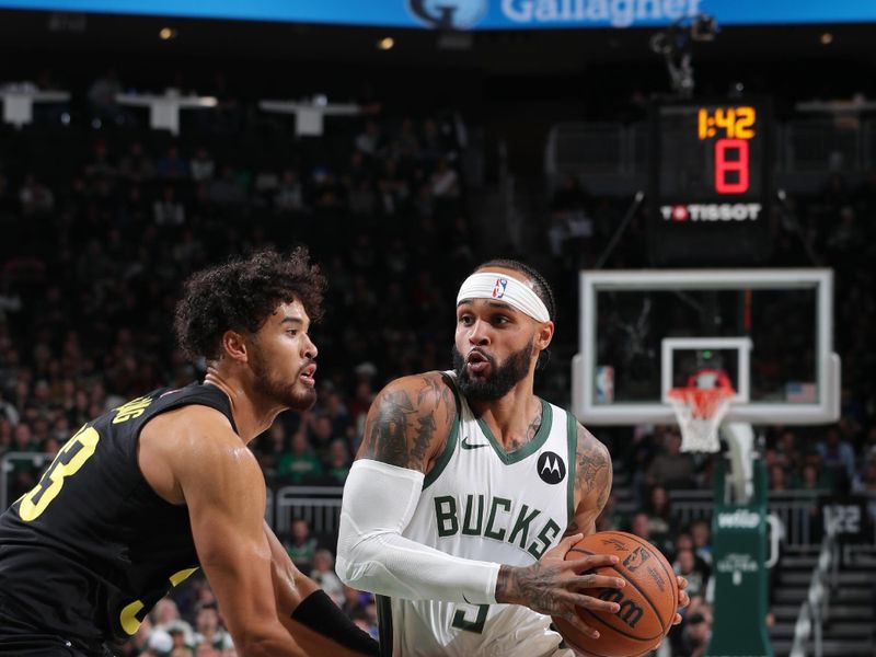 MILWAUKEE, WI - NOVEMBER 7: Gary Trent Jr. #5 of the Milwaukee Bucks drives to the basket during the game against the Utah Jazz on November 7, 2024 at Fiserv Forum Center in Milwaukee, Wisconsin. NOTE TO USER: User expressly acknowledges and agrees that, by downloading and or using this Photograph, user is consenting to the terms and conditions of the Getty Images License Agreement. Mandatory Copyright Notice: Copyright 2024 NBAE (Photo by Gary Dineen/NBAE via Getty Images).