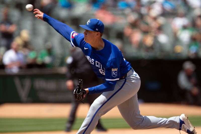 Jun 20, 2024; Oakland, California, USA; Kansas City Royals pitcher James McArthur (66) delivers a pitch against the Oakland Athletics during the seventh inning at Oakland-Alameda County Coliseum. Mandatory Credit: D. Ross Cameron-USA TODAY Sports