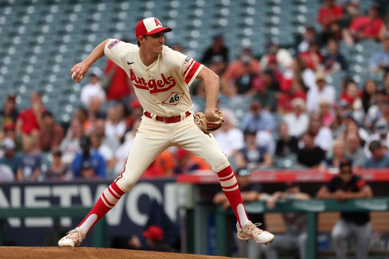 Sep 17, 2023; Anaheim, California, USA; Los Angeles Angels starting pitcher Jimmy Herget (46) throws a pitch during the first inning against the Detroit Tigers at Angel Stadium. Mandatory Credit: Kiyoshi Mio-USA TODAY Sports