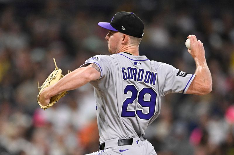 Sep 12, 2025; San Diego, California, USA; Colorado Rockies starting pitcher Tanner Gordon (29) delivers during the third inning against the San Diego Padres at Petco Park. Mandatory Credit: Denis Poroy-Imagn Images