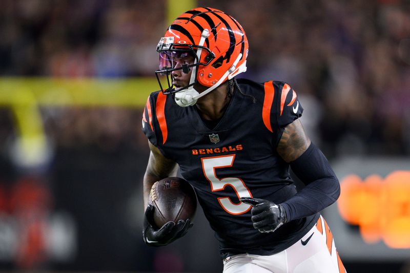 Cincinnati Bengals wide receiver Tee Higgins (5) runs down the field after a catch during an NFL football game against the Buffalo Bills, Sunday, Nov. 5, 2023, in Cincinnati. (AP Photo/Zach Bolinger)