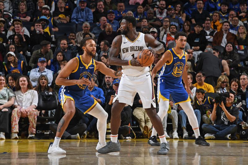 SAN FRANCISCO, CA - OCTOBER 30: Zion Williamson #1 of the New Orleans Pelicans looks to pass the ball during the game against the Golden State Warriors on October 30, 2024 at Chase Center in San Francisco, California. NOTE TO USER: User expressly acknowledges and agrees that, by downloading and or using this photograph, user is consenting to the terms and conditions of Getty Images License Agreement. Mandatory Copyright Notice: Copyright 2024 NBAE (Photo by Noah Graham/NBAE via Getty Images)