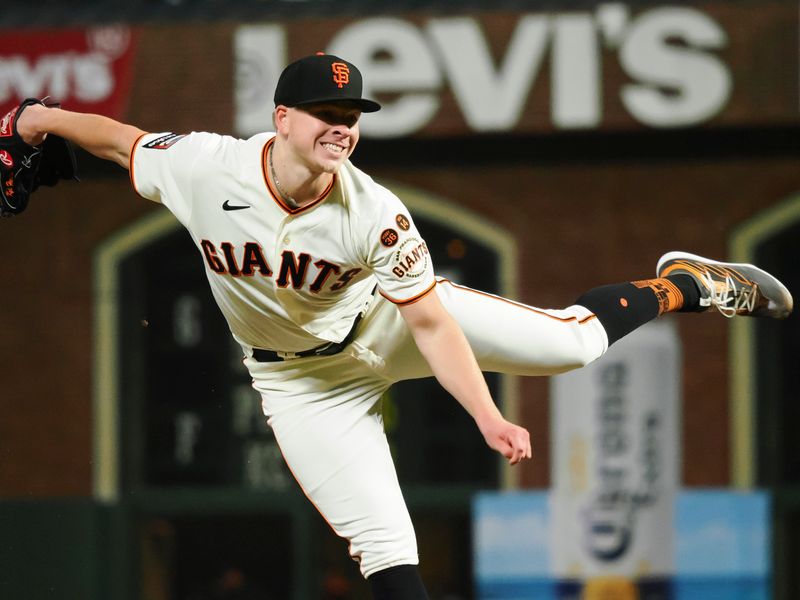 Aug 28, 2023; San Francisco, California, USA; San Francisco Giants starting pitcher Kyle Harrison (45) pitches the ball against the Cincinnati Reds during the seventh inning at Oracle Park. Mandatory Credit: Kelley L Cox-USA TODAY Sports