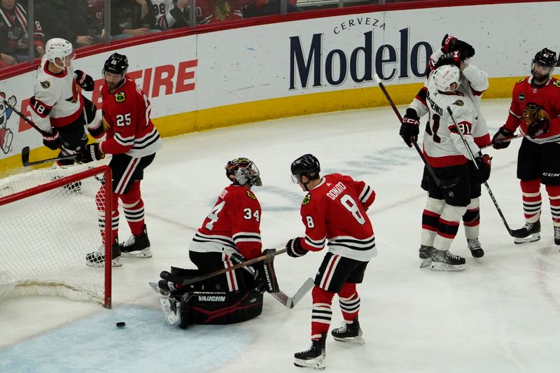 Feb 17, 2024; Chicago, Illinois, USA; Ottawa Senators defenseman Jakob Chychrun (6) celebrates his goal against Chicago Blackhawks goalie Petr Mrazek (34) during the second period at United Center. Mandatory Credit: David Banks-USA TODAY Sports