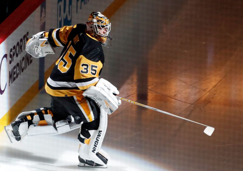 Jan 27, 2024; Pittsburgh, Pennsylvania, USA;  Pittsburgh Penguins goaltender Tristan Jarry (35) takes the ice against the Montreal Canadiens at PPG Paints Arena. Mandatory Credit: Charles LeClaire-USA TODAY Sports