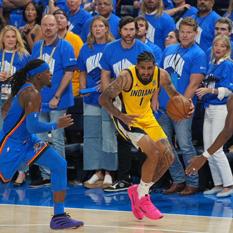 OKLAHOMA CITY, OK - JUNE 22: Obi Toppin #1 of the Indiana Pacers drives to the basket during the game against the Oklahoma City Thunder during Game Seven of the 2025 NBA Finals on June 22, 2025 at Paycom Center in Oklahoma City, Oklahoma. NOTE TO USER: User expressly acknowledges and agrees that, by downloading and or using this photograph, User is consenting to the terms and conditions of the Getty Images License Agreement. Mandatory Copyright Notice: Copyright 2025 NBAE (Photo by Morgan Givens/NBAE via Getty Images)