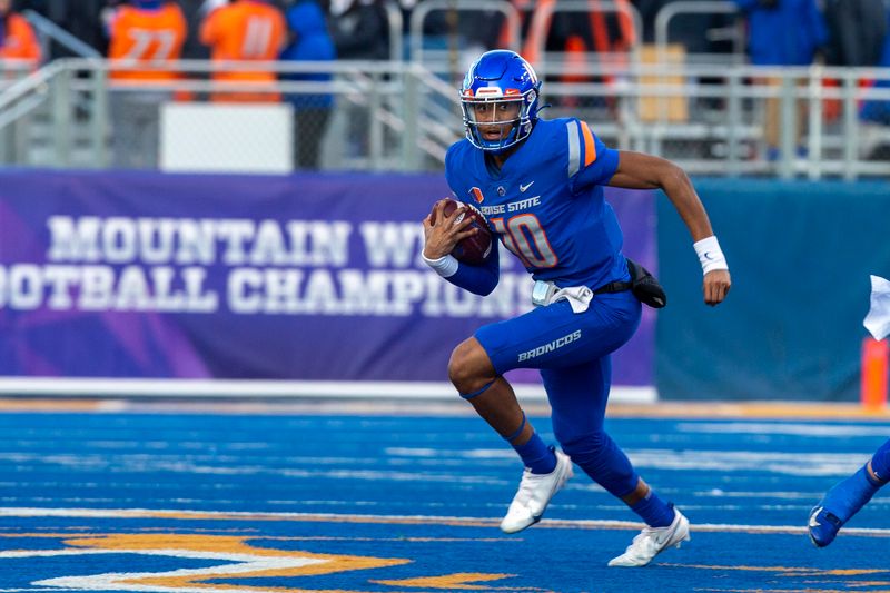 Dec 3, 2022; Boise, Idaho, USA;  Boise State Broncos quarterback Taylen Green (10) during the second half of the Mountain West Championship game versus the Fresno State Bulldogs at Albertsons Stadium. Fresno State beats Boise State 28-16. Mandatory Credit: Brian Losness-USA TODAY Sports

