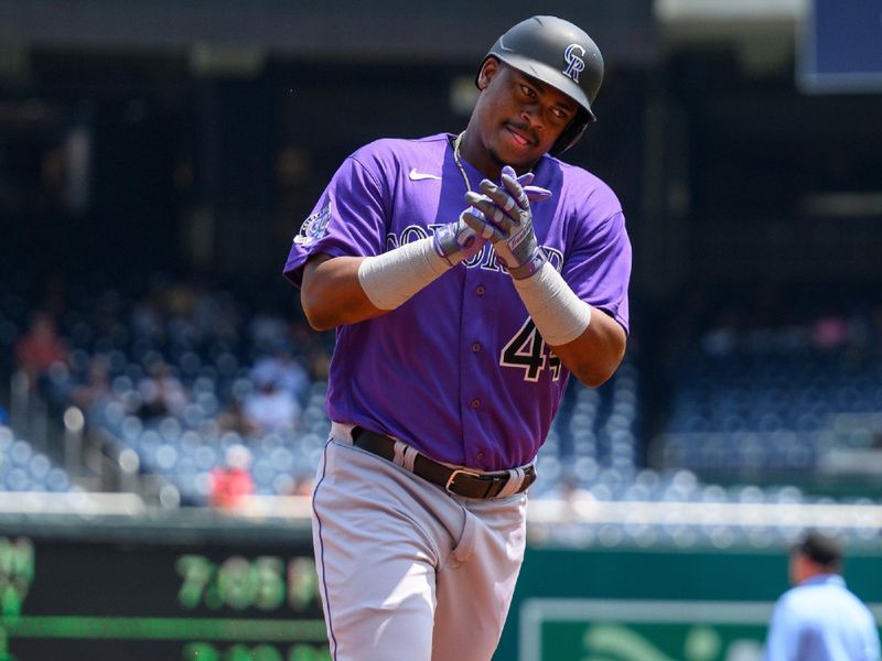 Jul 26, 2023; Washington, District of Columbia, USA; Colorado Rockies designated hitter Elehuris Montero (44) rounds the bases after hitting a home run during the second inning against the Washington Nationals at Nationals Park. Mandatory Credit: Reggie Hildred-USA TODAY Sports