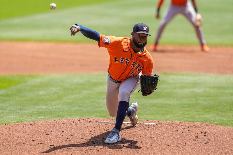 Apr 23, 2023; Cumberland, Georgia, USA; Houston Astros starting pitcher Cristian Javier (53) pitches against the Atlanta Braves during the first inning at Truist Park. Mandatory Credit: Dale Zanine-USA TODAY Sports