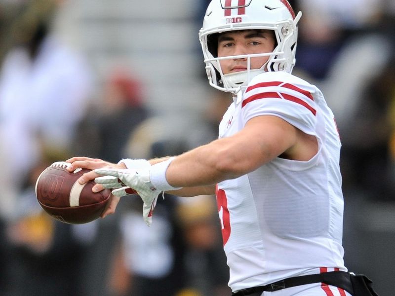 Nov 12, 2022; Iowa City, Iowa, USA; Wisconsin Badgers quarterback Graham Mertz (5) warms up before the game against the Iowa Hawkeyes at Kinnick Stadium. Mandatory Credit: Jeffrey Becker-USA TODAY Sports