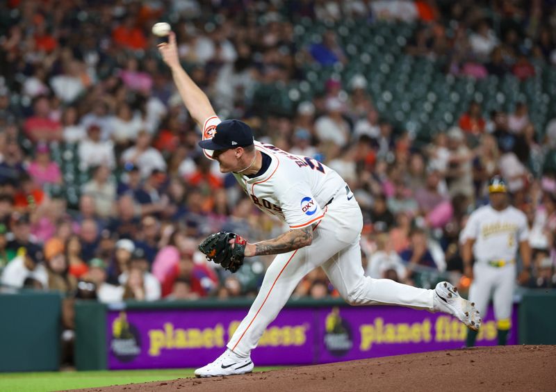 May 27, 2025; Houston, Texas, USA;Houston Astros starting pitcher Hunter Brown (58) pitches against the Athletics in the first inning at Daikin Park. Mandatory Credit: Thomas Shea-Imagn Images