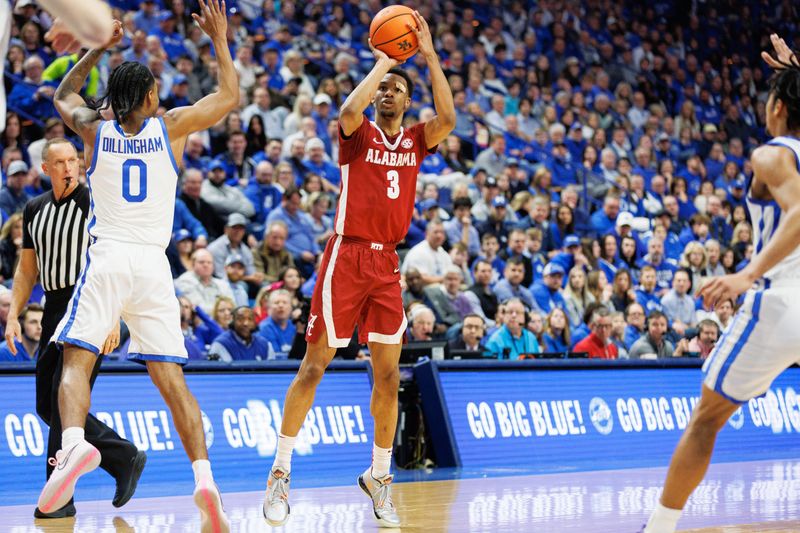 Feb 24, 2024; Lexington, Kentucky, USA; Alabama Crimson Tide guard Rylan Griffen (3) shoots during the first half against the Kentucky Wildcats at Rupp Arena at Central Bank Center. Mandatory Credit: Jordan Prather-USA TODAY Sports