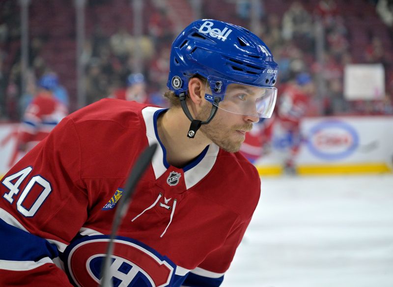 Oct 29, 2024; Montreal, Quebec, CAN; Montreal Canadiens forward Joel Armia (40) skates during the warmup period before the game against the Seattle Kraken at the Bell Centre. Mandatory Credit: Eric Bolte-Imagn Images