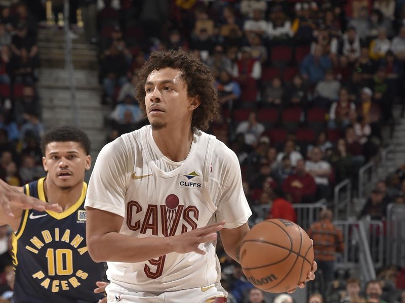 CLEVELAND, OH - APRIL 13:  Craig Porter Jr. #9 of the Cleveland Cavaliers dribbles the ball during the game against the Indiana Pacers on April 13, 2025 at Rocket Arena in Cleveland, Ohio. NOTE TO USER: User expressly acknowledges and agrees that, by downloading and/or using this Photograph, user is consenting to the terms and conditions of the Getty Images License Agreement. Mandatory Copyright Notice: Copyright 2025 NBAE (Photo by David Liam Kyle/NBAE via Getty Images)