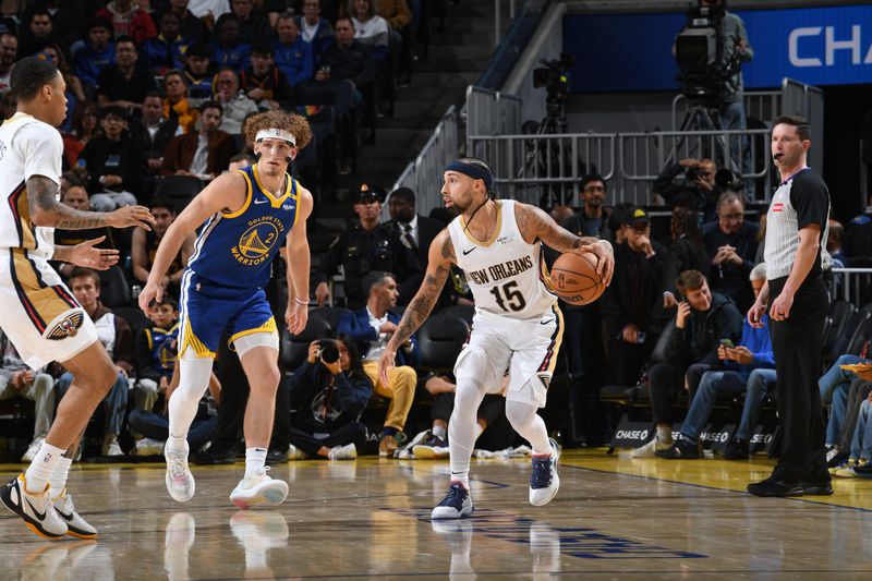 SAN FRANCISCO, CA - OCTOBER 30: Jose Alvarado #15 of the New Orleans Pelicans dribbles the ball during the game against the Golden State Warriors on October 30, 2024 at Chase Center in San Francisco, California. NOTE TO USER: User expressly acknowledges and agrees that, by downloading and or using this photograph, user is consenting to the terms and conditions of Getty Images License Agreement. Mandatory Copyright Notice: Copyright 2024 NBAE (Photo by Noah Graham/NBAE via Getty Images)