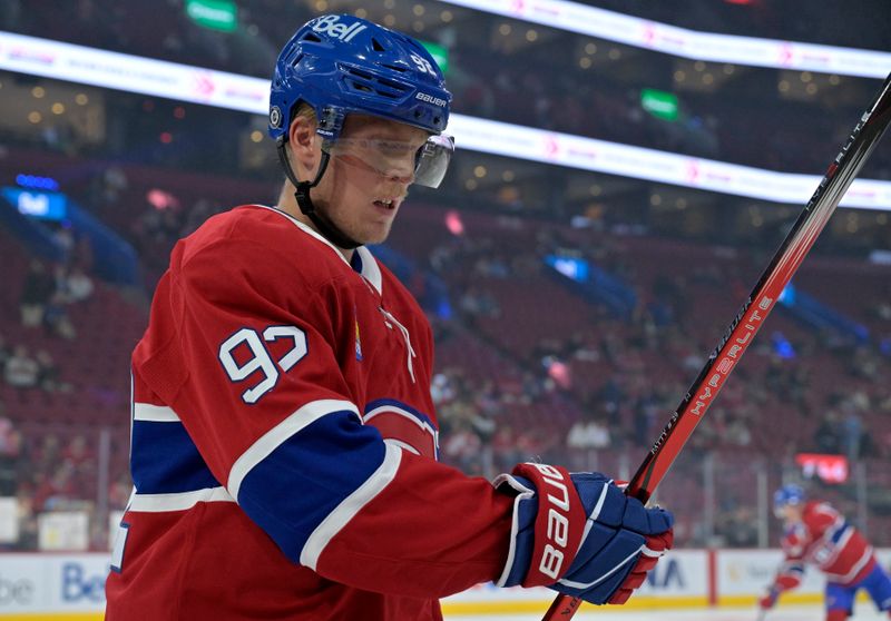 Sep 23, 2024; Montreal, Quebec, CAN; Montreal Canadiens forward Patrik Laine (92) warms up before a game against the Philadelphia Flyers at the Bell Centre. Mandatory Credit: Eric Bolte-Imagn Images