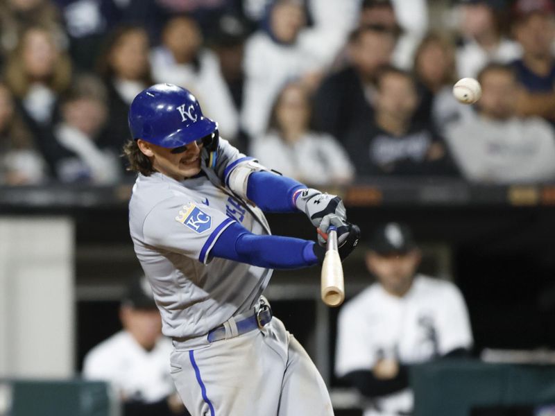 Sep 13, 2023; Chicago, Illinois, USA; Kansas City Royals shortstop Bobby Witt Jr. (7) hits an RBI-sacrifice fly against the Chicago White Sox during the seventh inning at Guaranteed Rate Field. Mandatory Credit: Kamil Krzaczynski-USA TODAY Sports