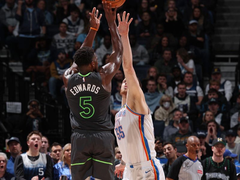 MINNEAPOLIS, MN -  FEBRUARY 23: Anthony Edwards #5 of the Minnesota Timberwolves shoots the ball during the game against the Oklahoma City Thunder on February 23, 2025 at Target Center in Minneapolis, Minnesota. NOTE TO USER: User expressly acknowledges and agrees that, by downloading and or using this Photograph, user is consenting to the terms and conditions of the Getty Images License Agreement. Mandatory Copyright Notice: Copyright 2025 NBAE (Photo by David Sherman/NBAE via Getty Images)