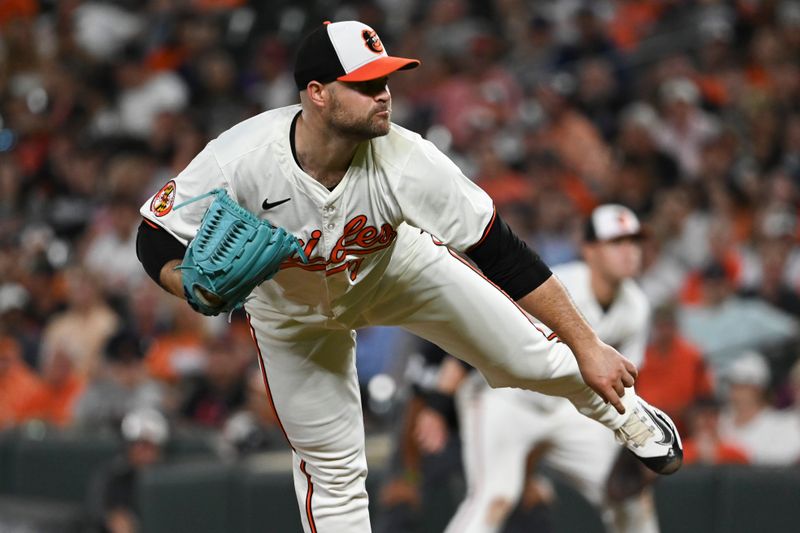 Apr 29, 2024; Baltimore, Maryland, USA; Baltimore Orioles pitcher Danny Coulombe (54) throws a ninth inning pitch against the New York Yankees  at Oriole Park at Camden Yards. Mandatory Credit: Tommy Gilligan-USA TODAY Sports