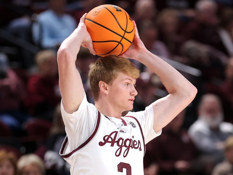 Dec 6, 2023; College Station, Texas, USA;Texas A&M Aggies guard Hayden Hefner (2) looks to pass to a teammate against the DePaul Blue Demons during the first half at Reed Arena. Mandatory Credit: Erik Williams-USA TODAY Sports