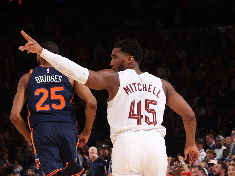 NEW YORK, NY - OCTOBER 28: Donovan Mitchell #45 of the Cleveland Cavaliers looks on during the game against the New York Knicks on October 28, 2024 at Madison Square Garden in New York City, New York.  NOTE TO USER: User expressly acknowledges and agrees that, by downloading and or using this photograph, User is consenting to the terms and conditions of the Getty Images License Agreement. Mandatory Copyright Notice: Copyright 2024 NBAE  (Photo by Nathaniel S. Butler/NBAE via Getty Images)