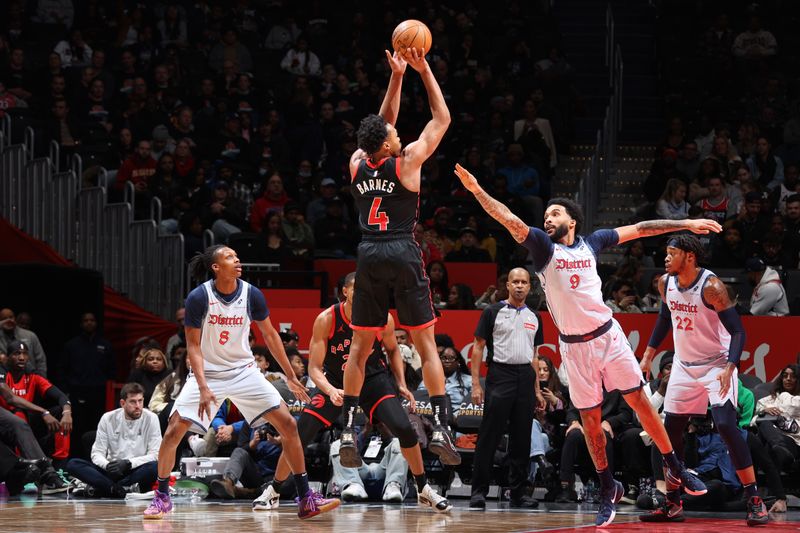 WASHINGTON, DC -?JANUARY 29: Scottie Barnes #4 of the Toronto Raptors shoots the ball during the game against the Washington Wizards on January 29, 2025 at Capital One Arena in Washington, DC. NOTE TO USER: User expressly acknowledges and agrees that, by downloading and or using this Photograph, user is consenting to the terms and conditions of the Getty Images License Agreement. Mandatory Copyright Notice: Copyright 2025 NBAE (Photo by Stephen Gosling/NBAE via Getty Images)