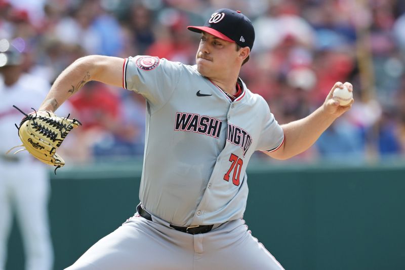 Jun 1, 2024; Cleveland, Ohio, USA; Washington Nationals starting pitcher Mitchell Parker (70) throws a pitch during the first inning against the Cleveland Guardians at Progressive Field. Mandatory Credit: Ken Blaze-USA TODAY Sports