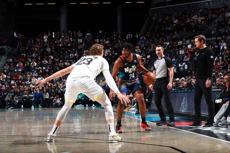 BROOKLYN, NY - JANUARY 29: Cam Thomas #24 of the Brooklyn Nets dribbles the ball during the game against the Utah Jazz on January 29, 2024 at Barclays Center in Brooklyn, New York. NOTE TO USER: User expressly acknowledges and agrees that, by downloading and or using this Photograph, user is consenting to the terms and conditions of the Getty Images License Agreement. Mandatory Copyright Notice: Copyright 2024 NBAE (Photo by David L. Nemec/NBAE via Getty Images)