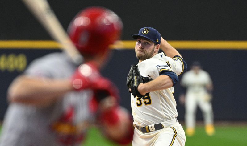 Sep 28, 2023; Milwaukee, Wisconsin, USA; Milwaukee Brewers starting pitcher Corbin Burnes (39) delivers a pitch against the St. Louis Cardinals in the first inning at American Family Field. Mandatory Credit: Michael McLoone-USA TODAY Sports