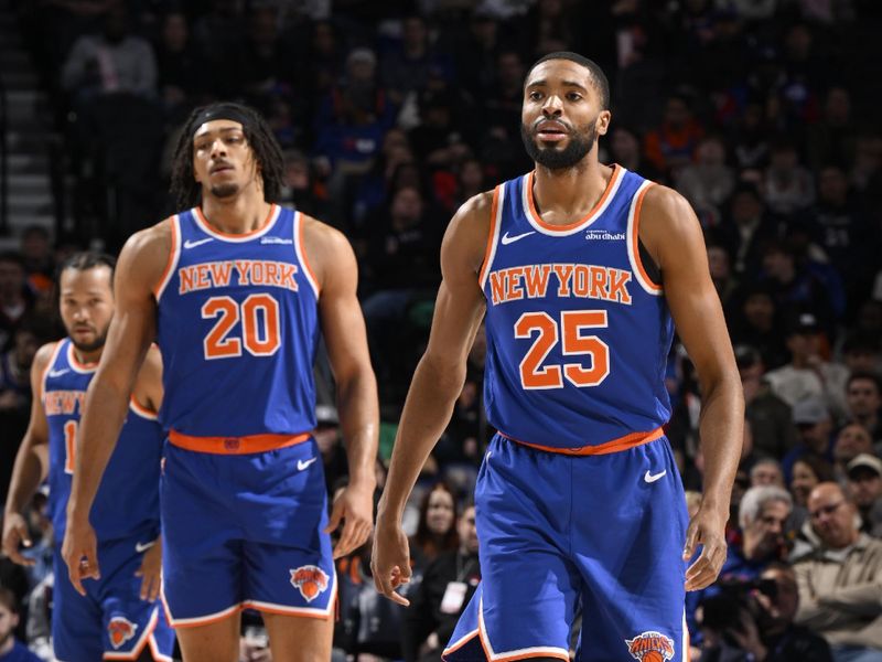 PHILADELPHIA, PA - JANUARY 15: Mikal Bridges #25 of the New York Knicks looks on during the game against the Philadelphia 76ers on January 15, 2025 at the Wells Fargo Center in Philadelphia, Pennsylvania NOTE TO USER: User expressly acknowledges and agrees that, by downloading and/or using this Photograph, user is consenting to the terms and conditions of the Getty Images License Agreement. Mandatory Copyright Notice: Copyright 2025 NBAE (Photo by David Dow/NBAE via Getty Images)