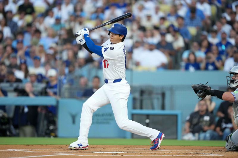Aug 8, 2025; Los Angeles, California, USA; Los Angeles Dodgers designated hitter Shohei Ohtani (17) bats against the Toronto Blue Jays at Dodger Stadium. Mandatory Credit: Kirby Lee-Imagn Images