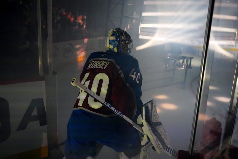 Oct 12, 2024; Denver, Colorado, USA; Colorado Avalanche goaltender Alexandar Georgiev (40) before a game against the Columbus Blue Jackets at Ball Arena. Mandatory Credit: Ron Chenoy-Imagn Images