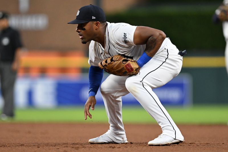 Sep 10, 2024; Detroit, Michigan, USA; Detroit Tigers first baseman Andy Ibanez (77) gets ready for a pitch against the Colorado Rockies in the fourth inning at Comerica Park. Mandatory Credit: Lon Horwedel-Imagn Images