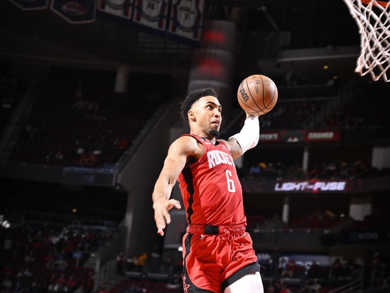 HOUSTON, TX - JANUARY 23:   Kenyon Martin Jr. #6 of the Houston Rockets drives to the basket during the game against the  Minnesota Timberwolves on January 23, 2023 at the Toyota Center in Houston, Texas. NOTE TO USER: User expressly acknowledges and agrees that, by downloading and or using this photograph, User is consenting to the terms and conditions of the Getty Images License Agreement. Mandatory Copyright Notice: Copyright 2023 NBAE (Photo by Logan Riely/NBAE via Getty Images)